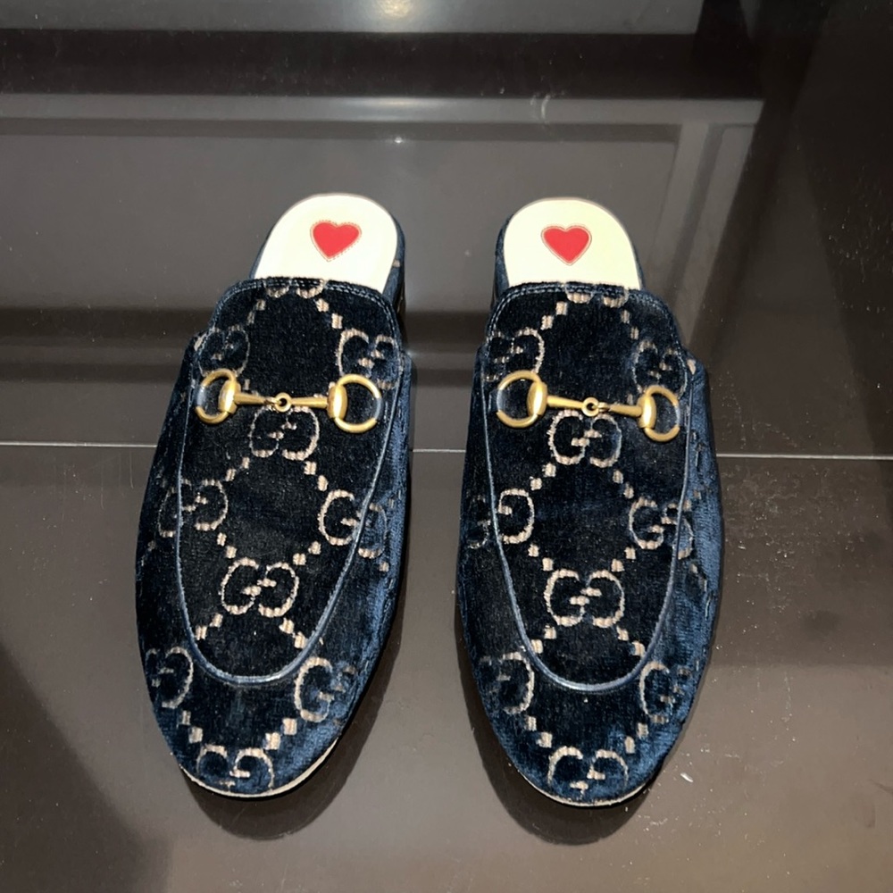 Gucci Blue Velvet Slippers with Gold Accents